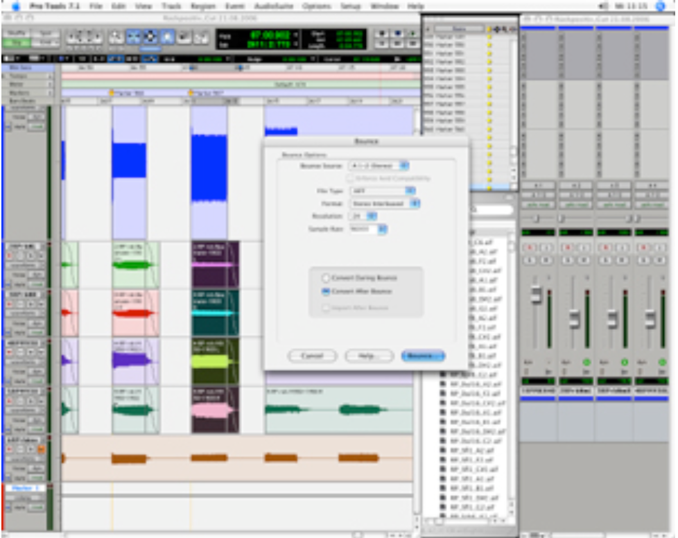 Abbildung 22 - Screenshot mit markierter Region und Pro Tools-Dialogfenster „Bounce to disc“
